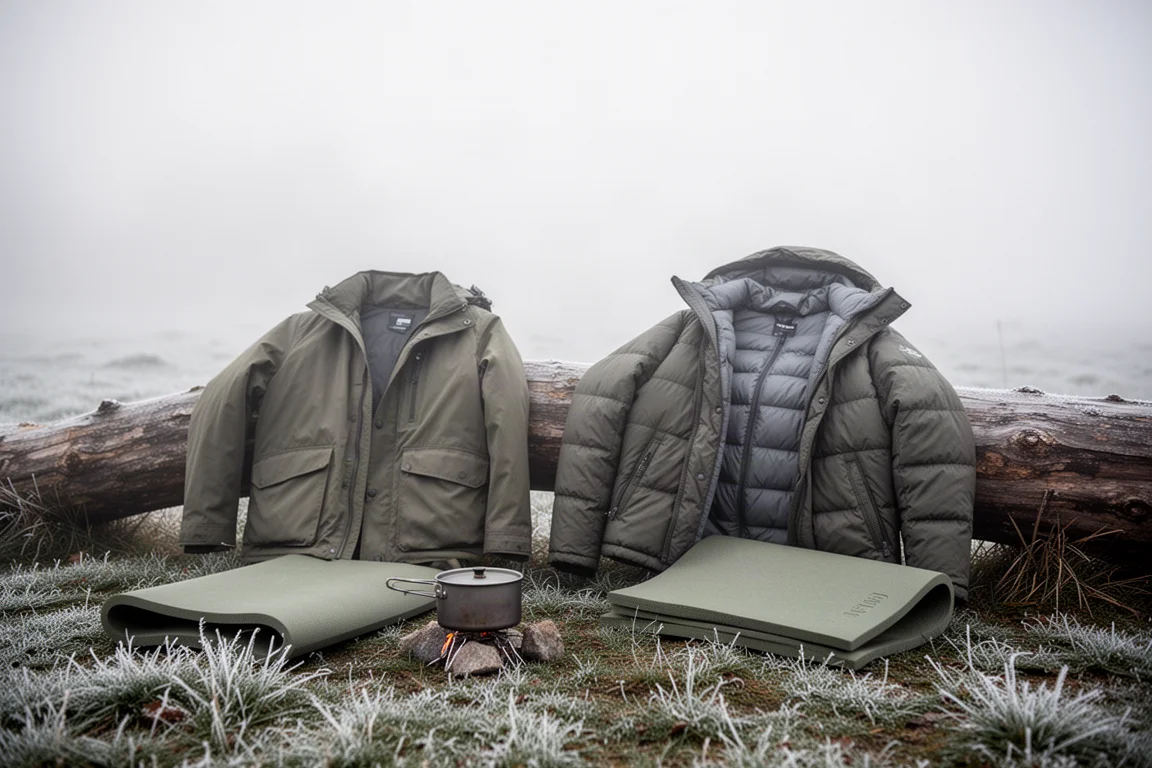 Layered jackets draped over a log at a cool morning camp with frost