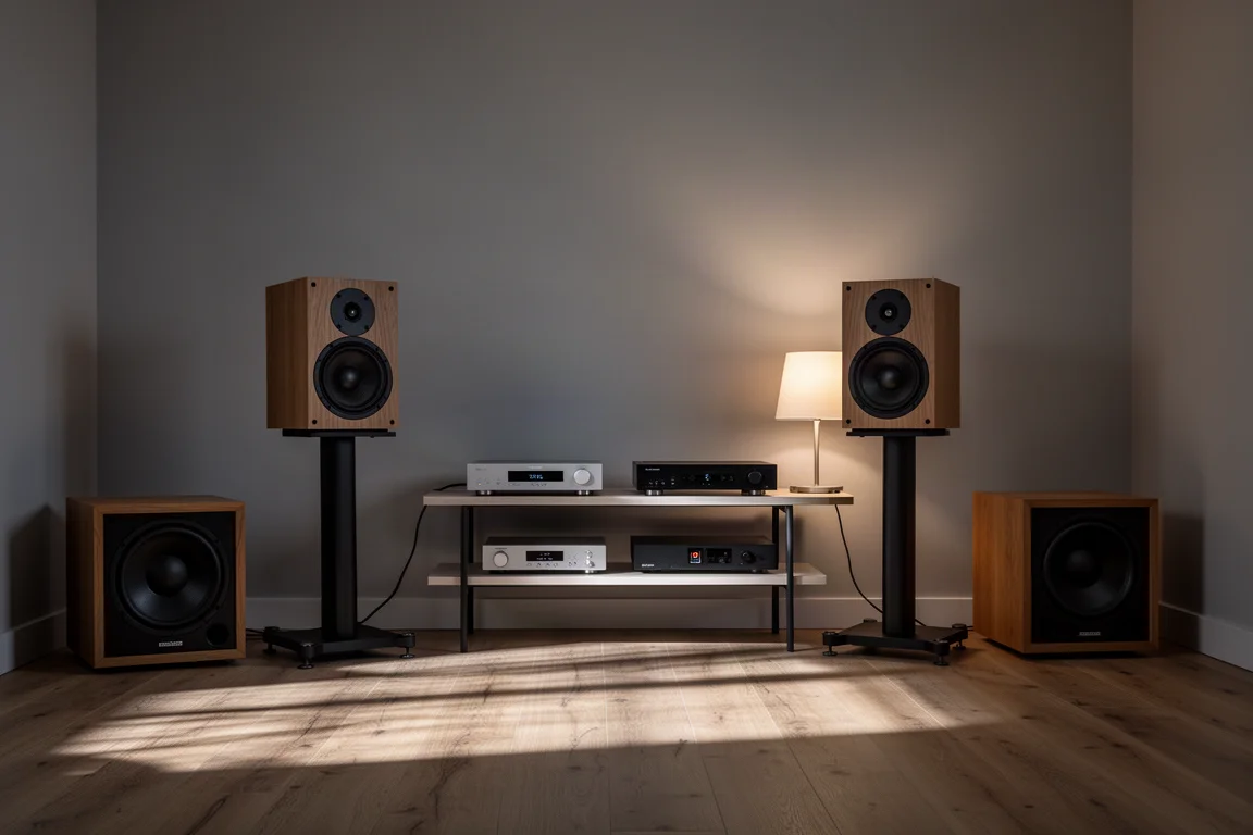 Zestaw stereo w salonie z kolumnami podstawkowymi i kompaktowym subwooferem w wieczornym świetle