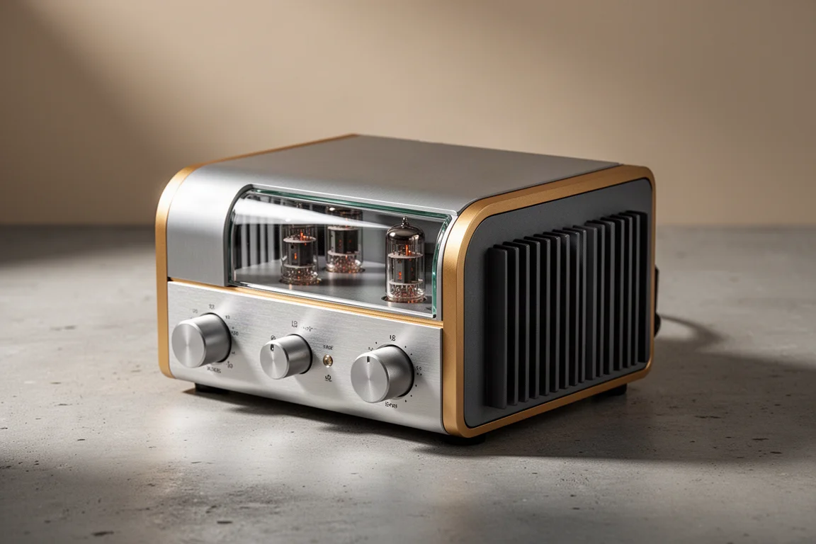 Compact aluminium headphone amplifier and preamp with gold accents and a glass tube window