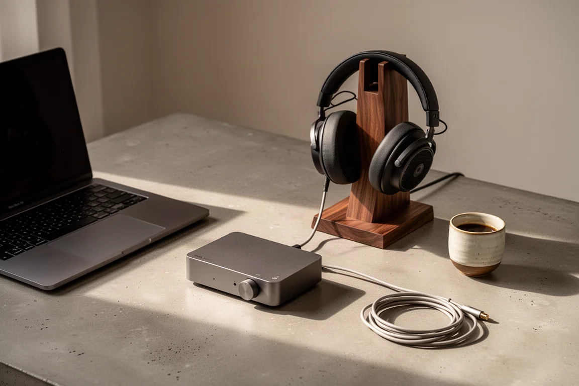 Minimalistiskt skrivbord med hörlurar på ett ställ, en kompakt ljudenhet och en öppen laptop
