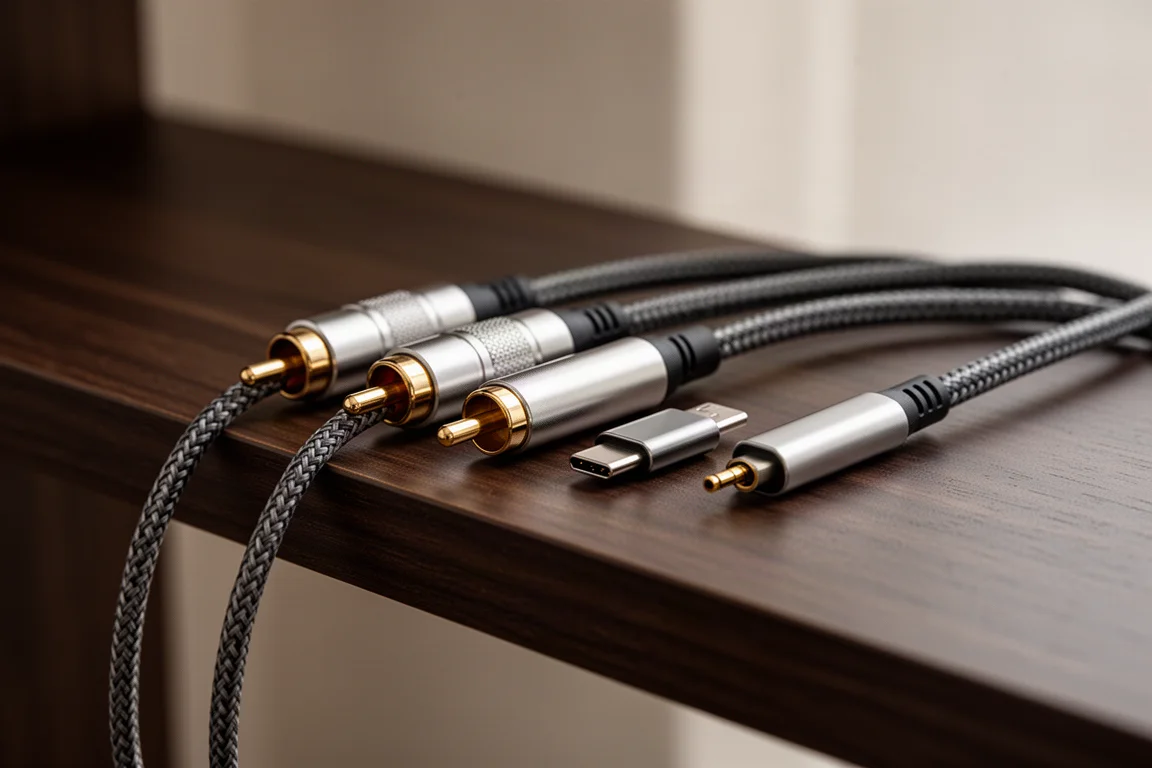 RCA-, USB-C- och 4,4 mm balanserade ljudkontakter arrangerade på en mörk trähylla
