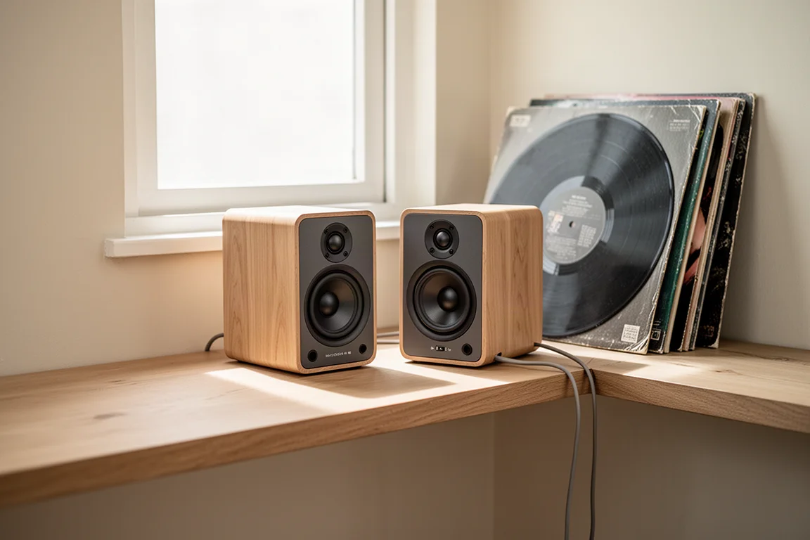Kompakta aktiva skrivbordshögtalare på en ekshylla med vinylskivor och mjukt dagsljus