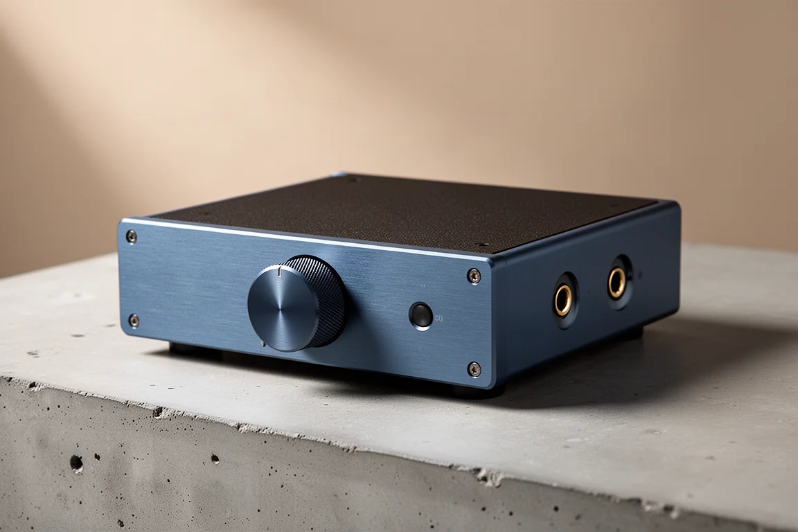 Compact desktop DAC and headphone amplifier with a large volume knob on a concrete surface