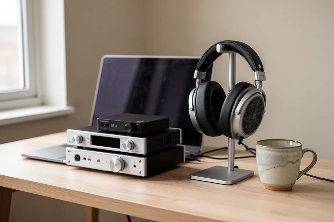 Configuration d'écoute de bureau avec DAC, ampli casque, ordinateur portable et casque sur un bureau en bois