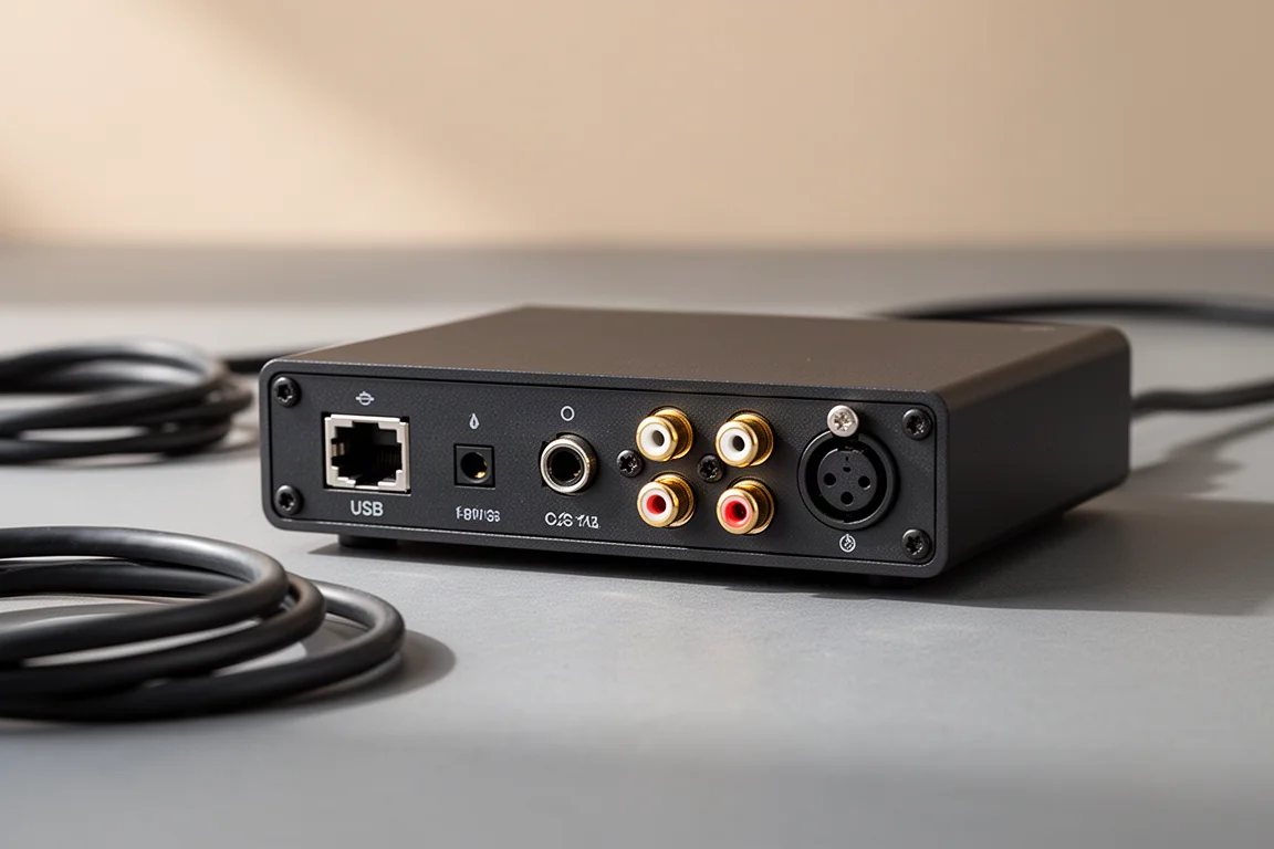 Gros plan des connecteurs du panneau arrière d'un convertisseur audio de bureau compact