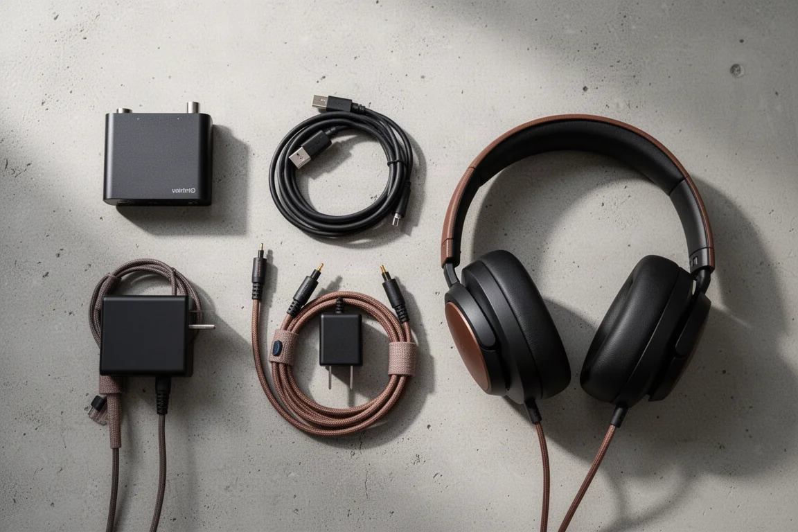 Vue à plat des accessoires audio de bureau et câbles sur une surface en béton