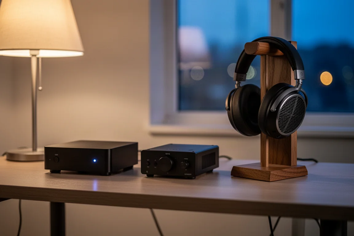 Bureau d'écoute du soir avec un DAC lumineux, un ampli et un casque sur un support