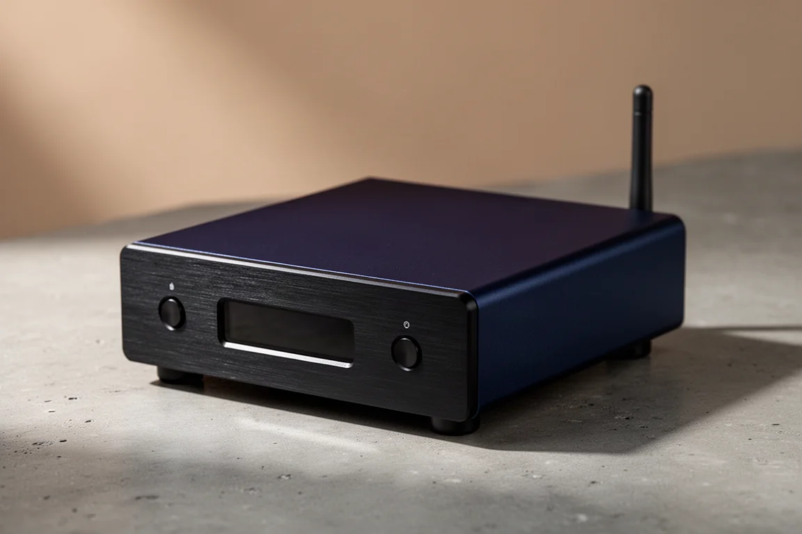 Compact desktop DAC with a navy top panel and brushed black front on a concrete surface