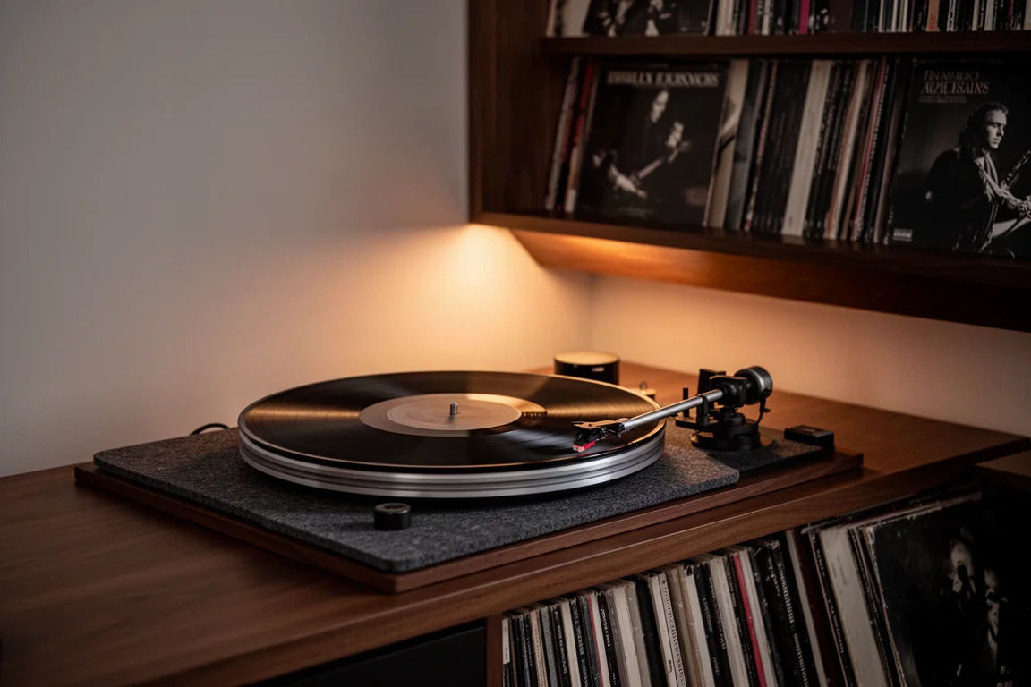 Vitrola girando um disco de vinil em uma sala de audição acolhedora ao anoitecer