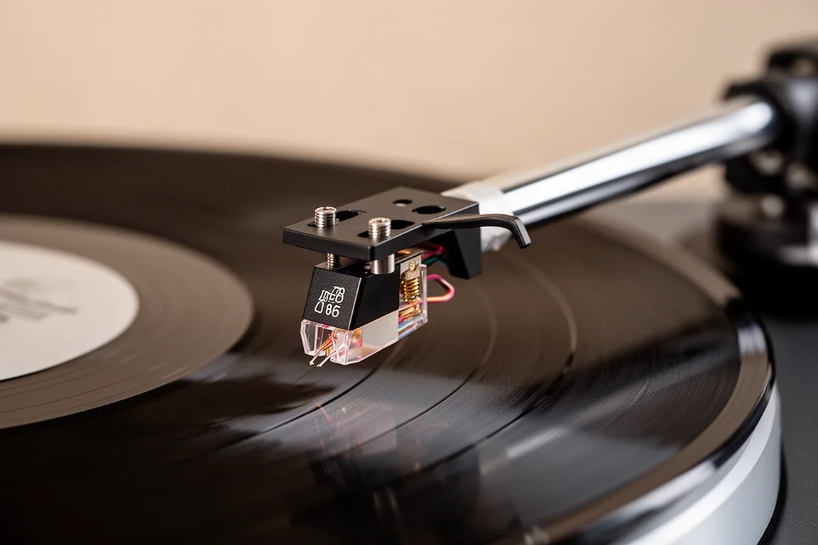 Close-up de uma cápsula de fono e braço de leitura sobre a superfície de um disco de vinil