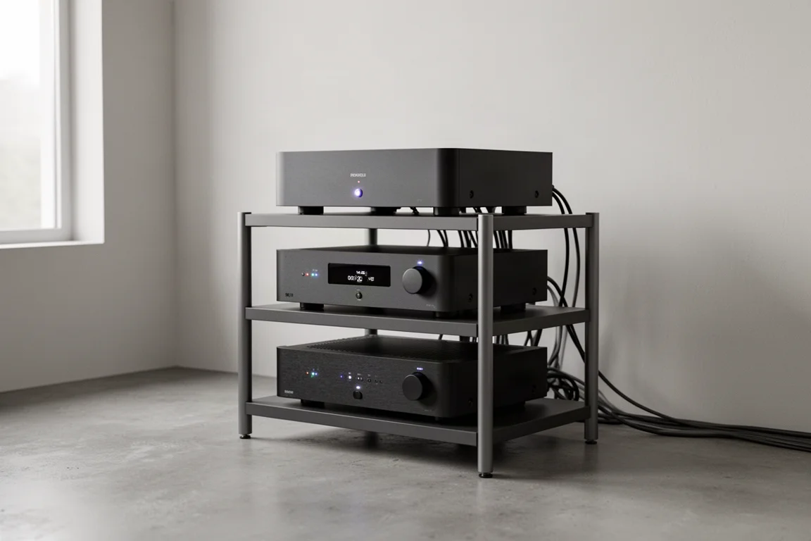 Rack de hi-fi com componentes de áudio empilhados em uma sala minimalista e silenciosa