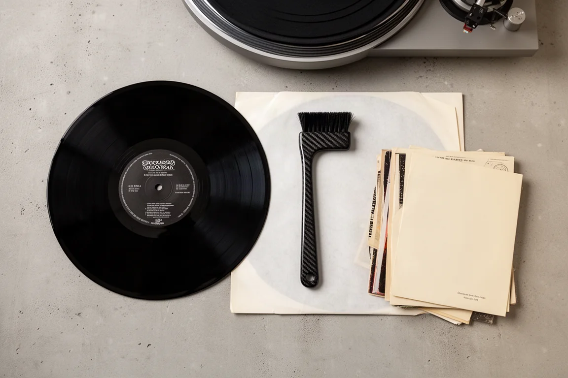 Composição plana de um disco de vinil, escova de carbono, capas internas e discos sobre concreto