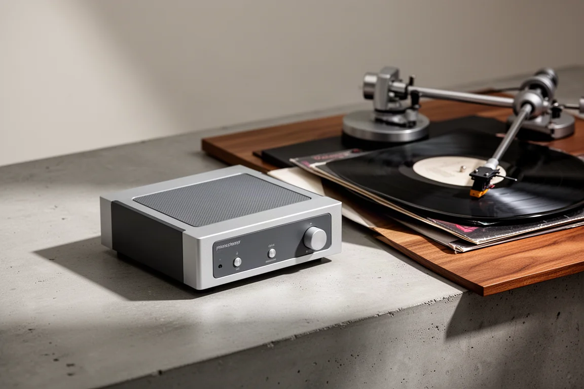 Compact phono preamp on concrete beside a turntable tonearm and vinyl record
