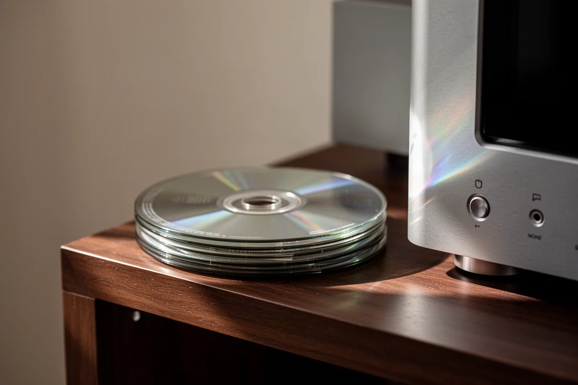 Stapel von Compact Discs neben einer Hi-Fi-Komponente aus gebürstetem Aluminium