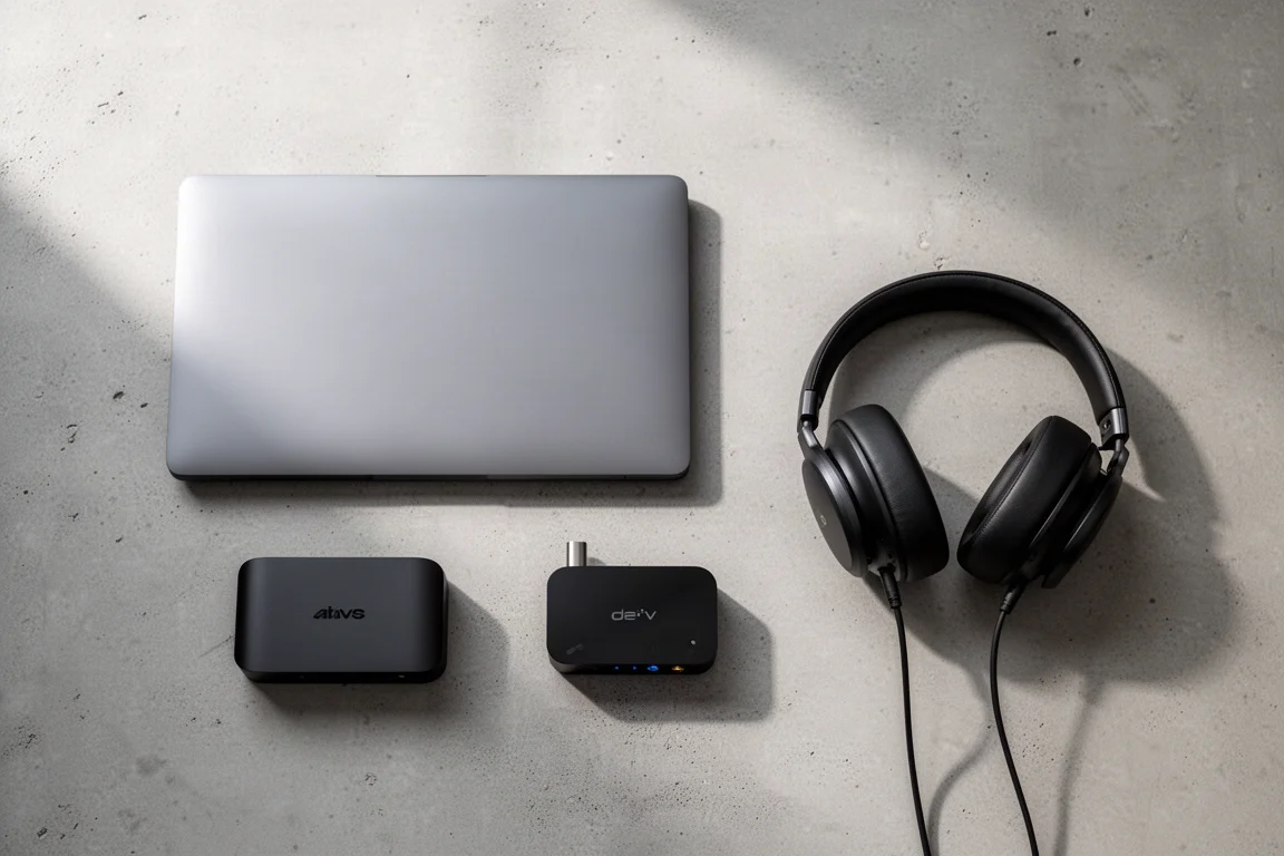 Draufsicht auf Laptop, Streamer, DAC und Kopfhörer auf Beton