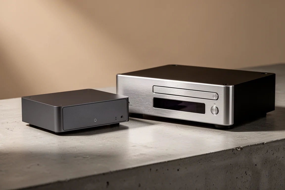 Two compact hi-fi music streamers side by side on a matte concrete surface