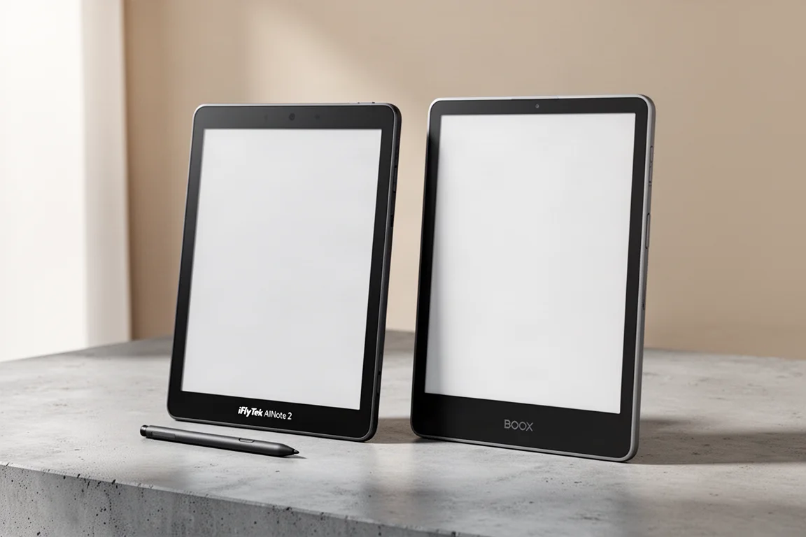 iFlyTek AINote 2 與 Boox Go 10.3 電子筆記平板並排放在水泥表面上