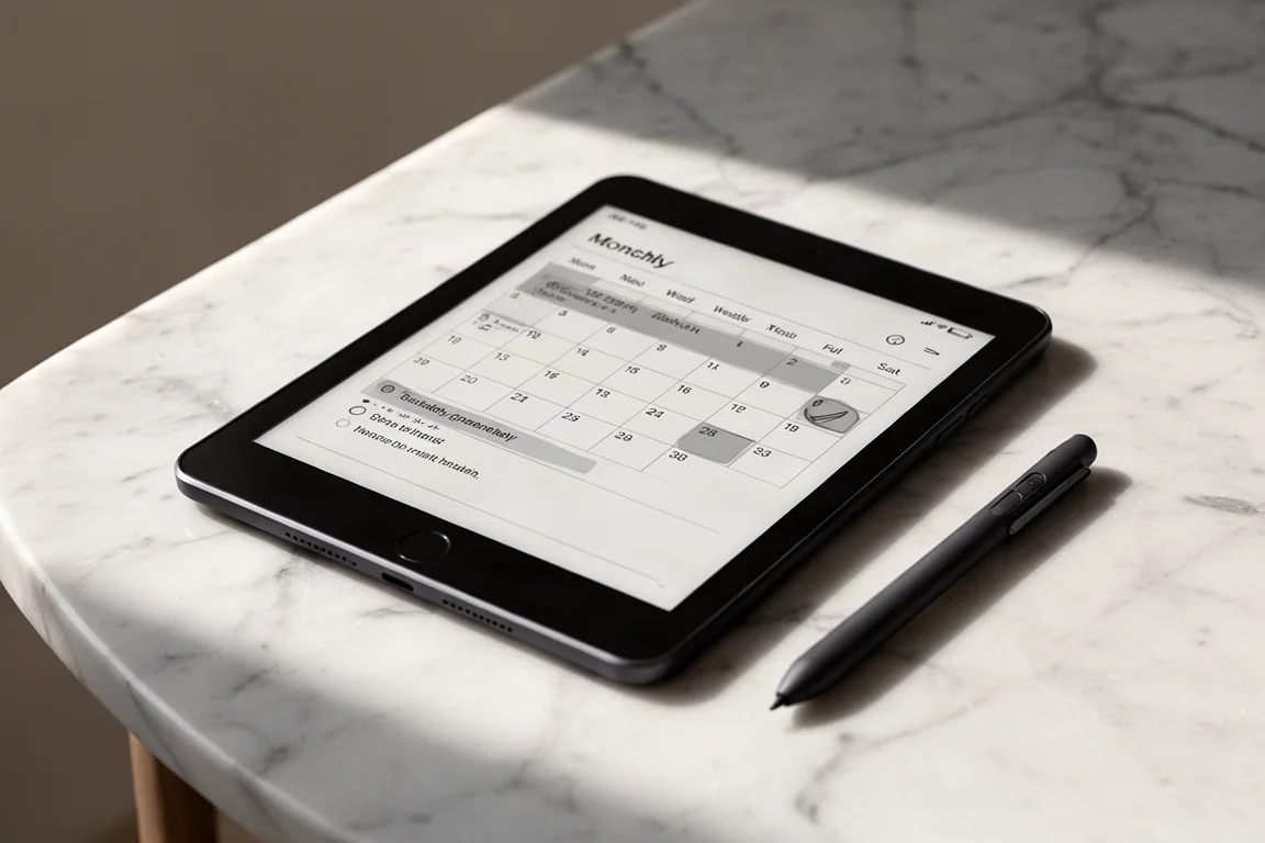 タスク付きの月間カレンダービューを表示している電子インクタブレット
