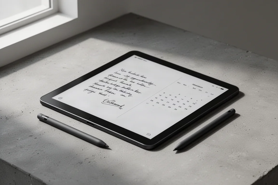コンクリートの表面に置かれたiFlyTek AINoteの電子インクタブレットとスタイラスペン