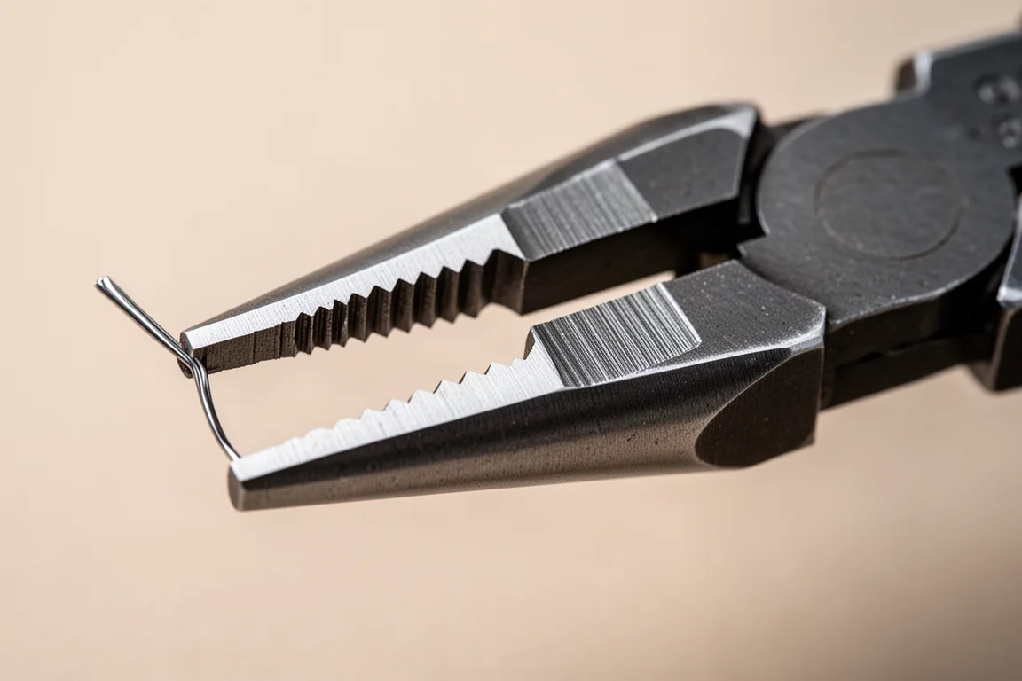 Primo piano dei denti di presa fini e delle scanalature esagonali sui becchi delle pinze a lunga portata