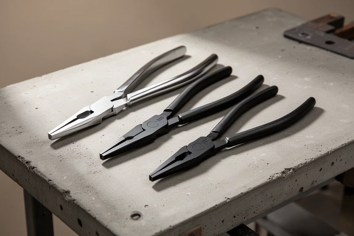 Three long reach pliers with crossover jaw designs on a concrete workbench