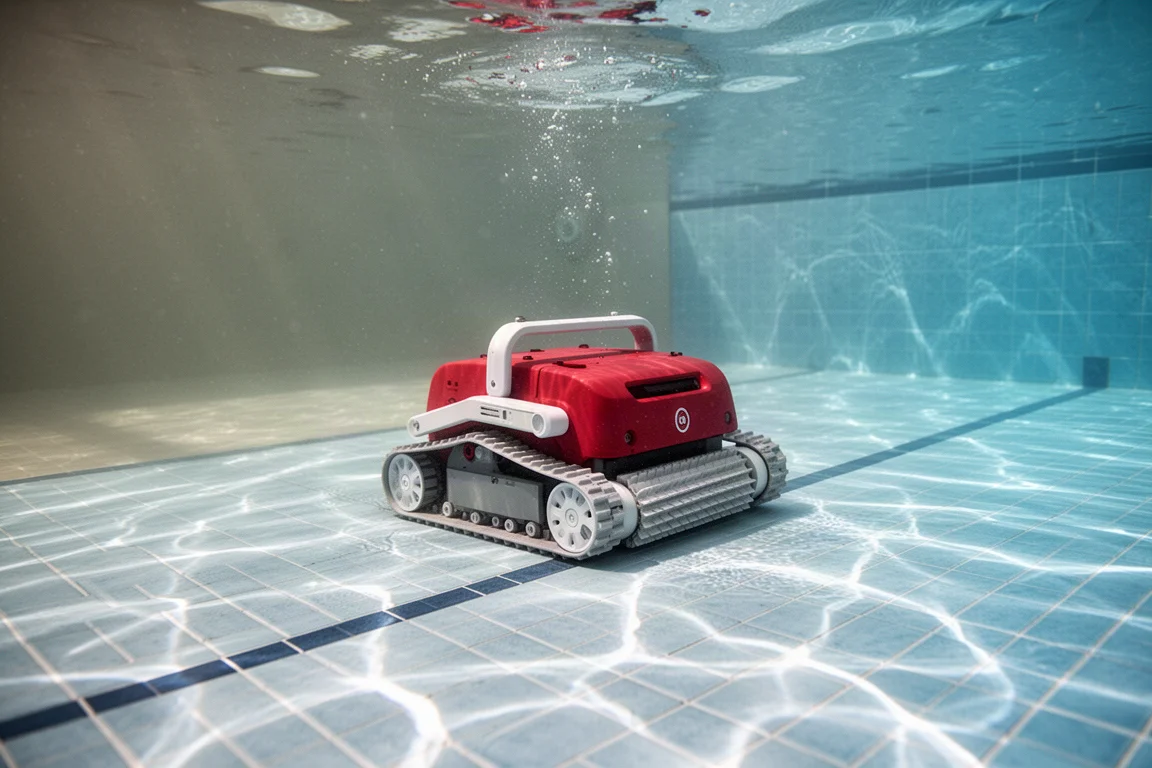 Robô limpador de piscina em movimento pelo fundo de uma piscina