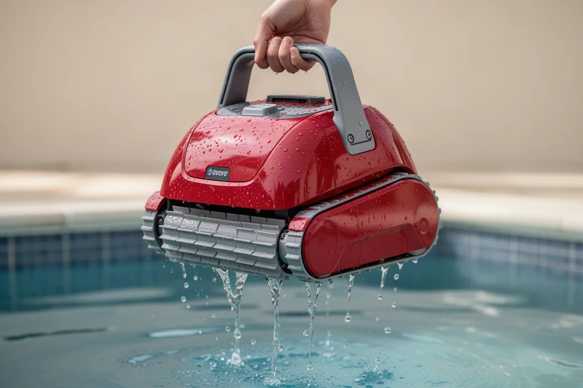 Mão levantando um robô limpador de piscina para fora da água por uma pequena alça