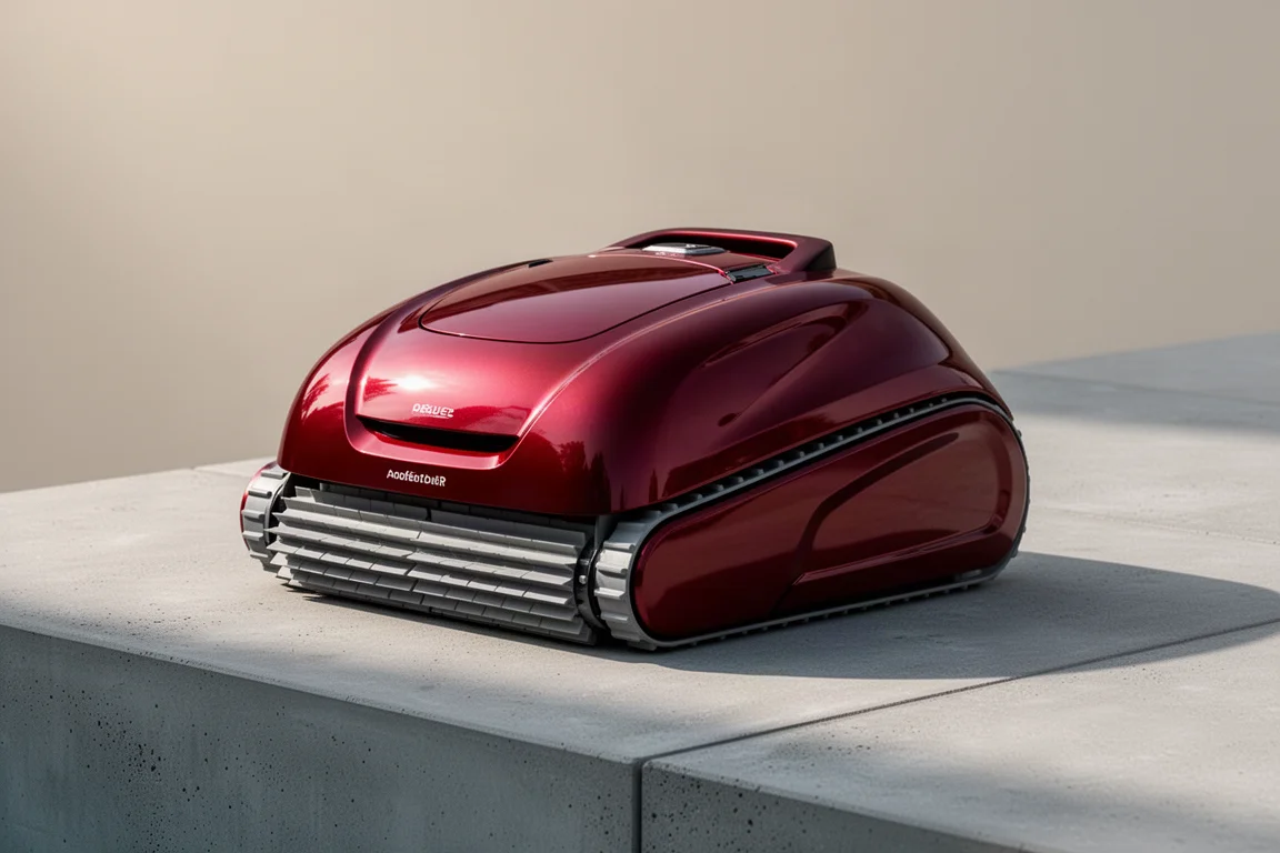 Glossy red cordless robotic pool cleaner on a poolside concrete surface