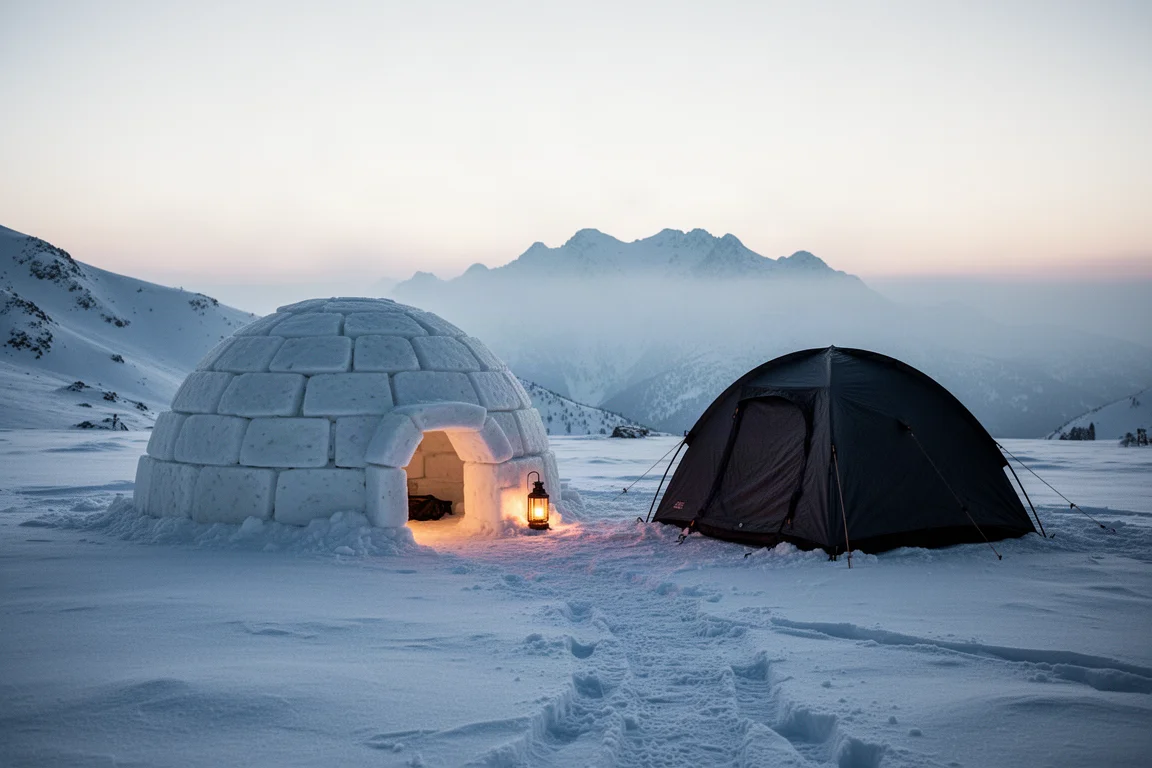 Snow-block igloo and a dark dome tent pitched a few metres apart at dusk