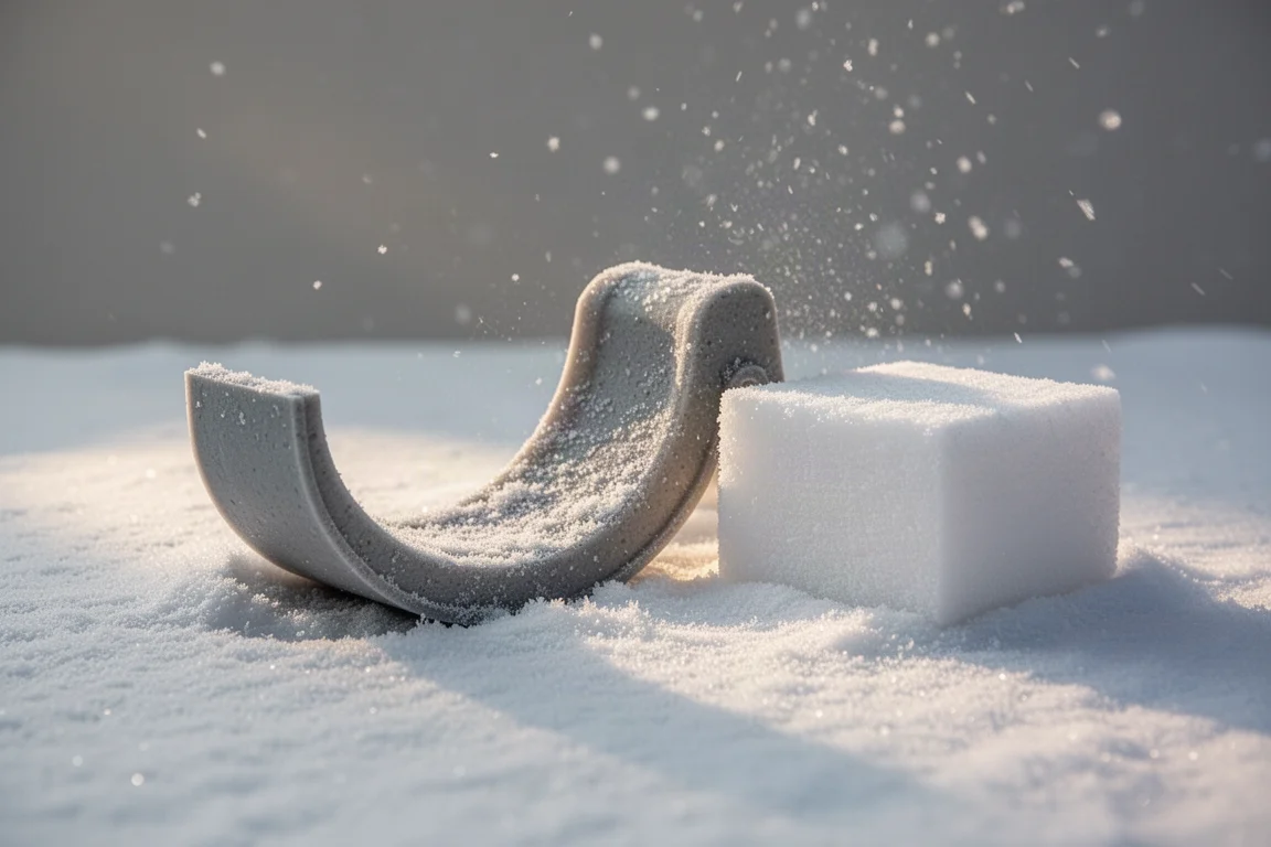 Curved snow mold on dry powdery snow beside a freshly packed snow block