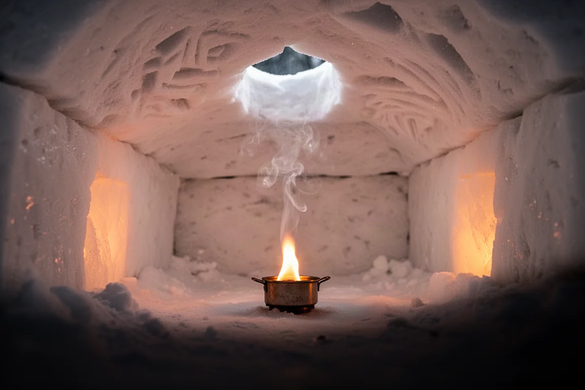 Small open-flame lamp burning inside a snow shelter with smoke rising