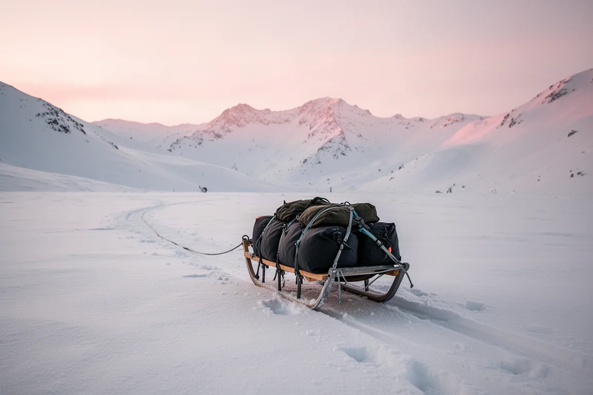 Loaded winter pulk resting on a snowfield at first light with drag track