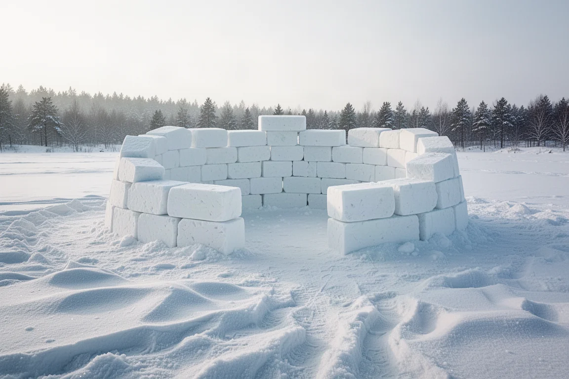 Igloo di neve a metà costruzione con blocchi curvi compattati in una radura innevata al crepuscolo