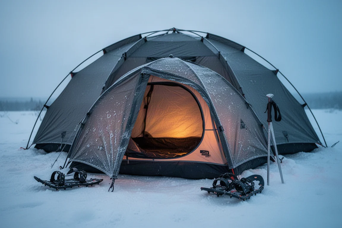 Piccola fiamma che brucia in una lampada a olio poco profonda su una mensola di neve dentro un rifugio di neve
