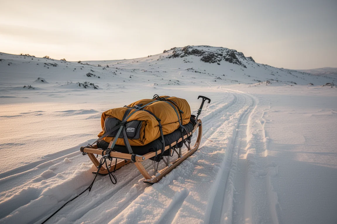 Attrezzatura da campeggio invernale distesa sulla neve, inclusi una slitta pulk e uno stampo per neve compatto