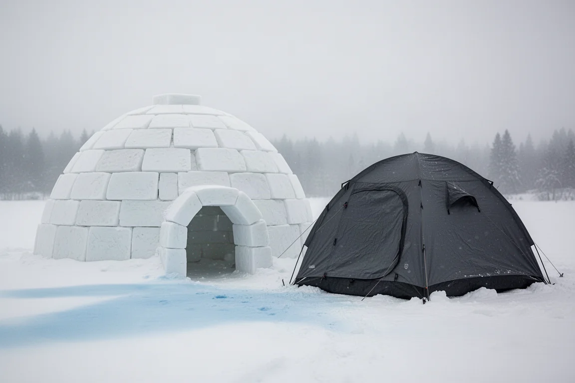 Igloo ze śnieżnych bloków obok ciemnego ocieplanego namiotu kopułowego na świeżym puchu