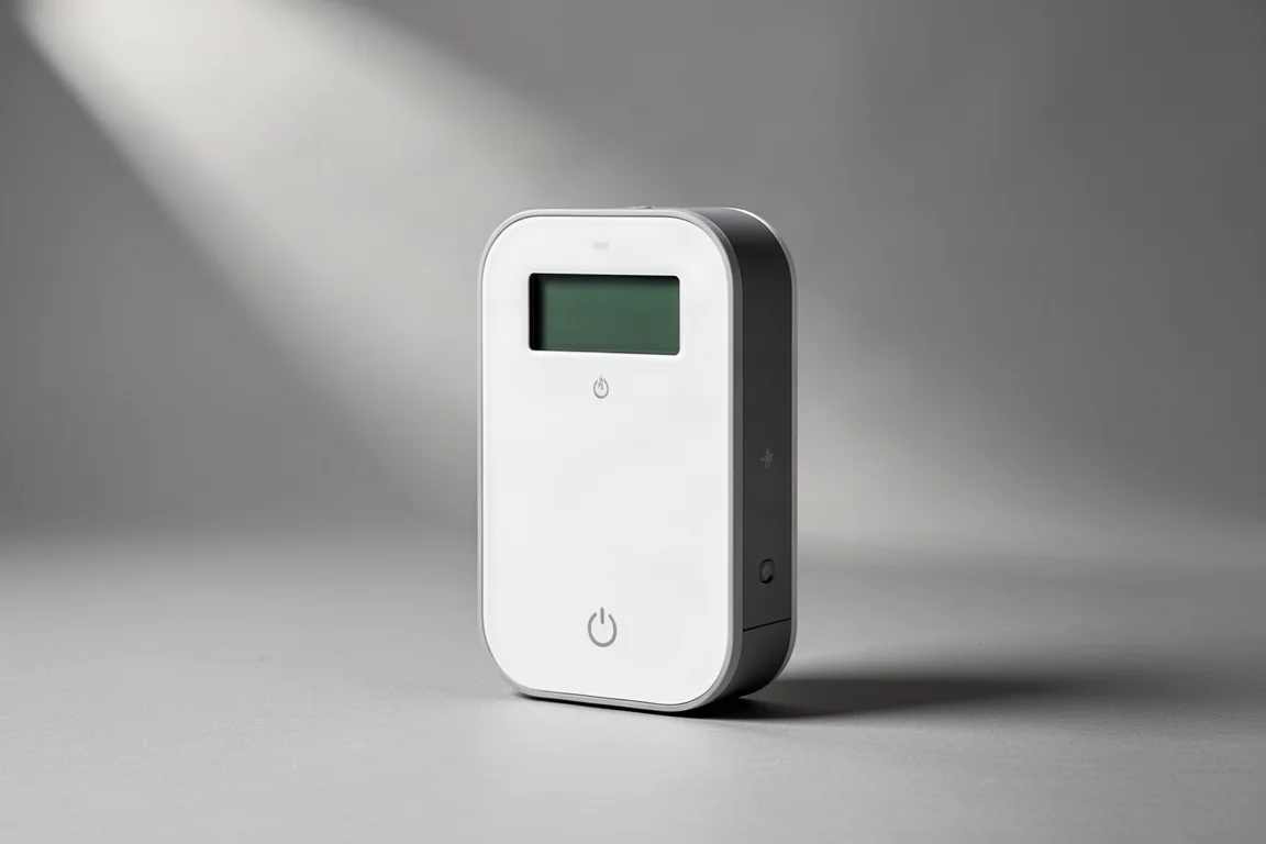 Smart-Home-Geräte, darunter ein E-Ink-Dashboard, ein Garagentoröffner, ein smarter Knopf und ein Luftqualitätssensor, angeordnet auf einer Betonoberfläche