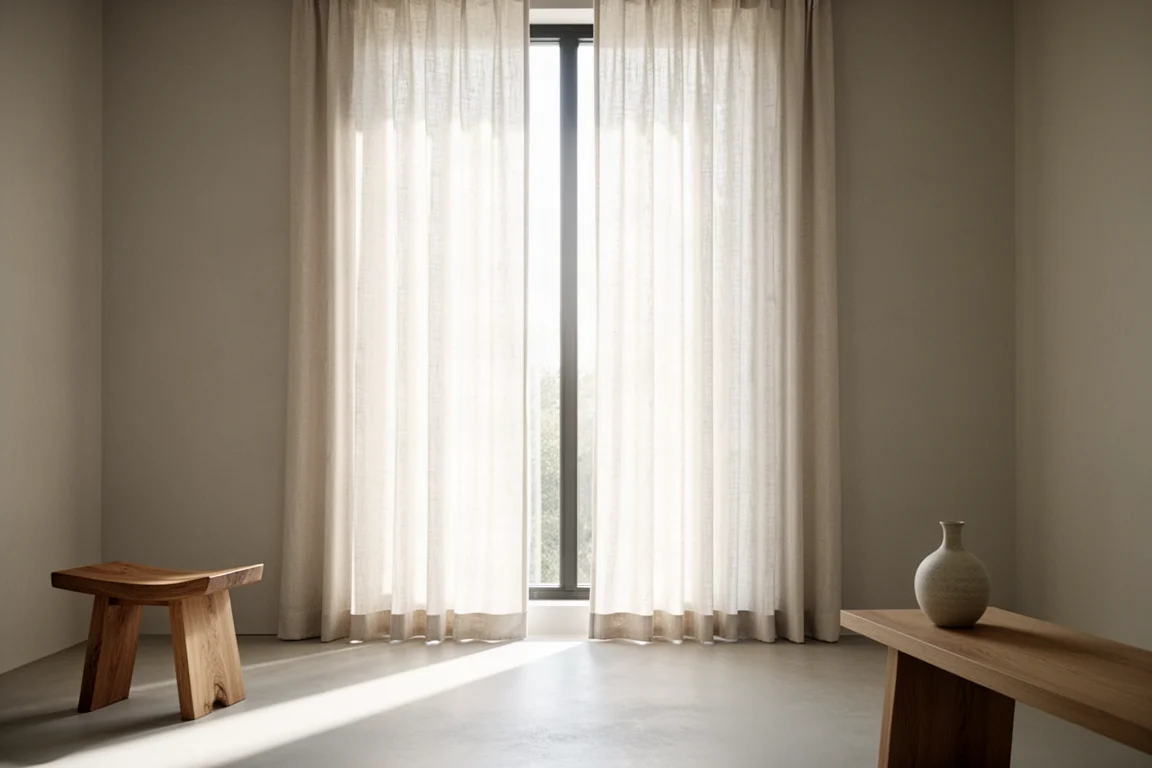 Morning daylight glowing through half-drawn off-white curtains in a minimal living room