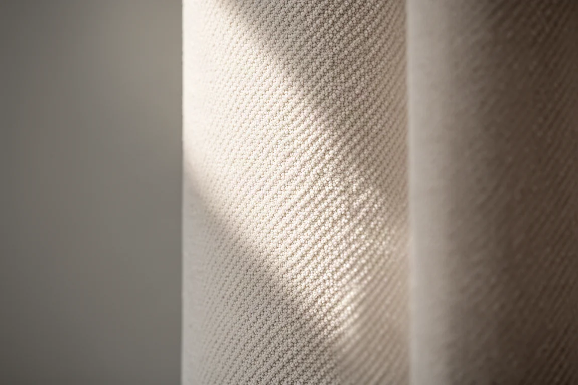 Close-up of off-white woven chenille curtain fabric backlit to show its texture