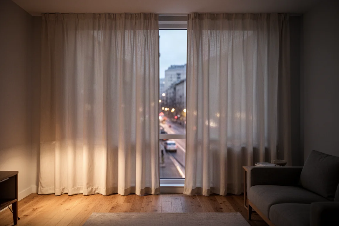 Apartment living room at dusk with closed floor-length curtains and warm lamp light