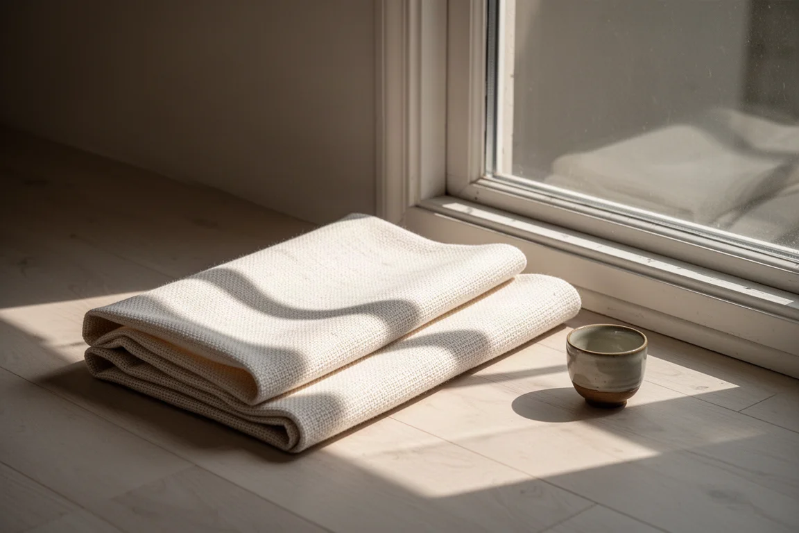 Folded off-white curtain fabric on a wooden floor in late afternoon sunlight