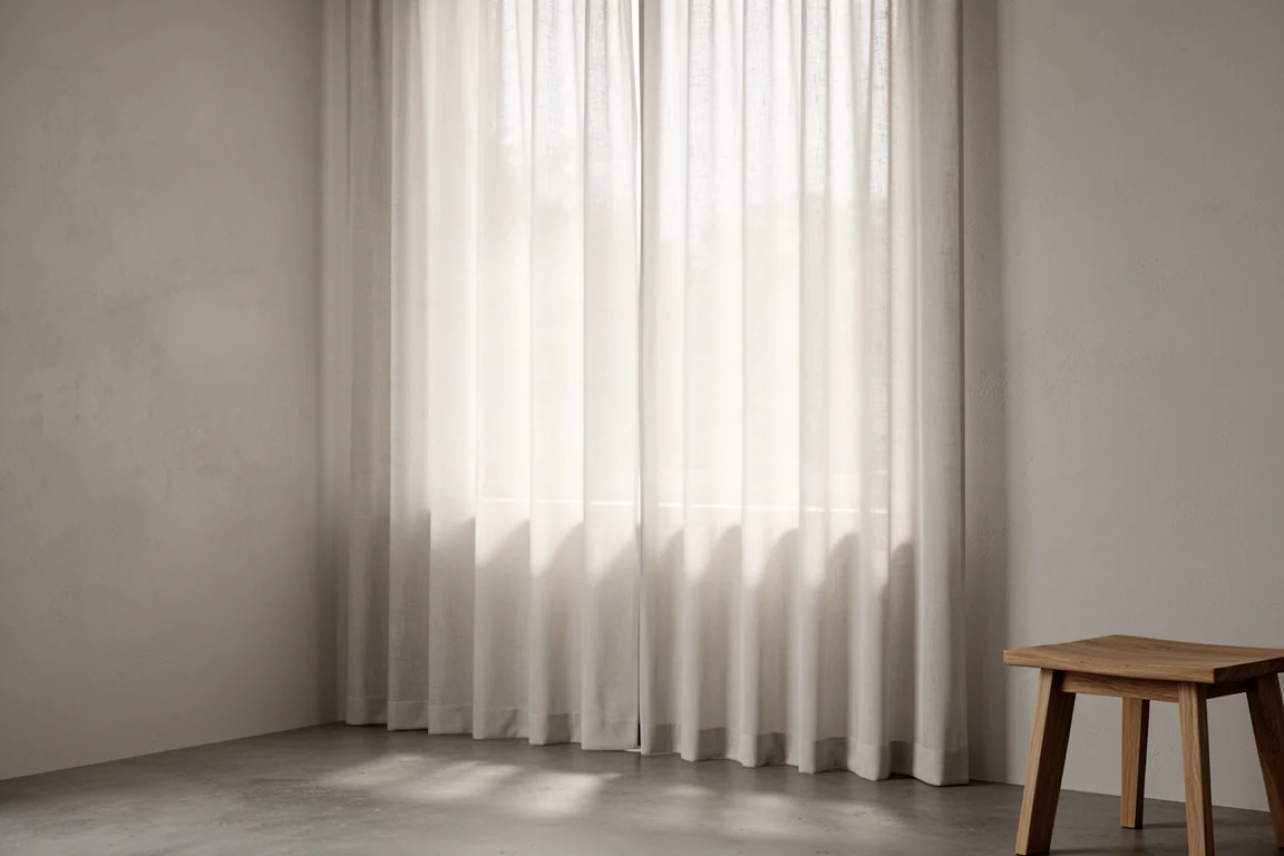 Off-white floor-length light-filtering curtains at a tall window in a minimal modern room