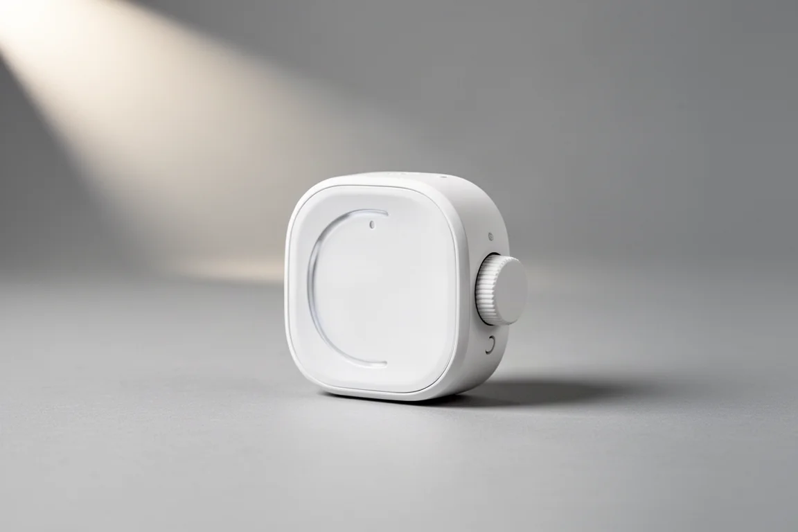 Smart-Home-Geräte, darunter ein E-Ink-Dashboard, Garagentoröffner, intelligenter Knopf und Luftqualitätssensor, auf einer Betonoberfläche angeordnet