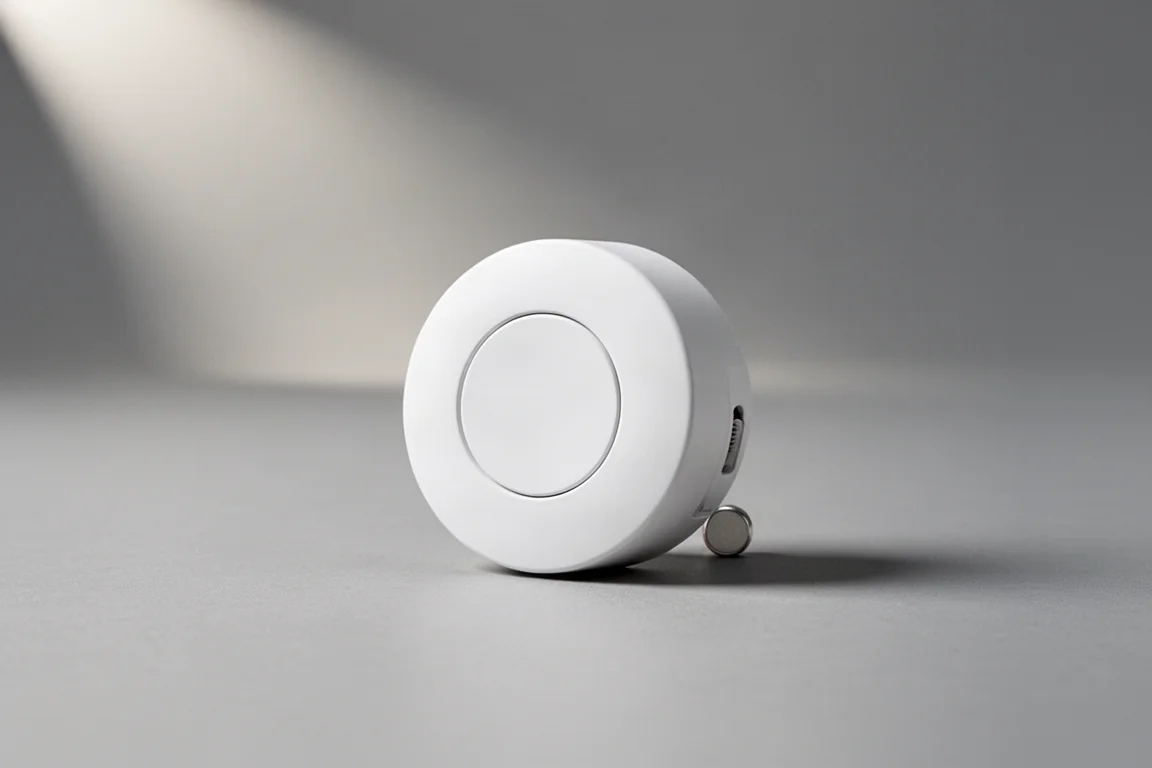 Smart-Home-Geräte, darunter ein E-Ink-Dashboard, Garagentoröffner, Smart Button und Luftqualitätssensor, auf einer Betonoberfläche angeordnet