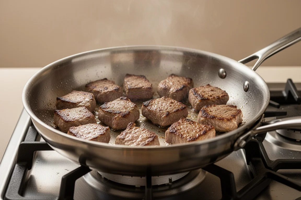 Edelstahlpfanne brät Lebensmittel gleichmäßig über die gesamte Bratfläche