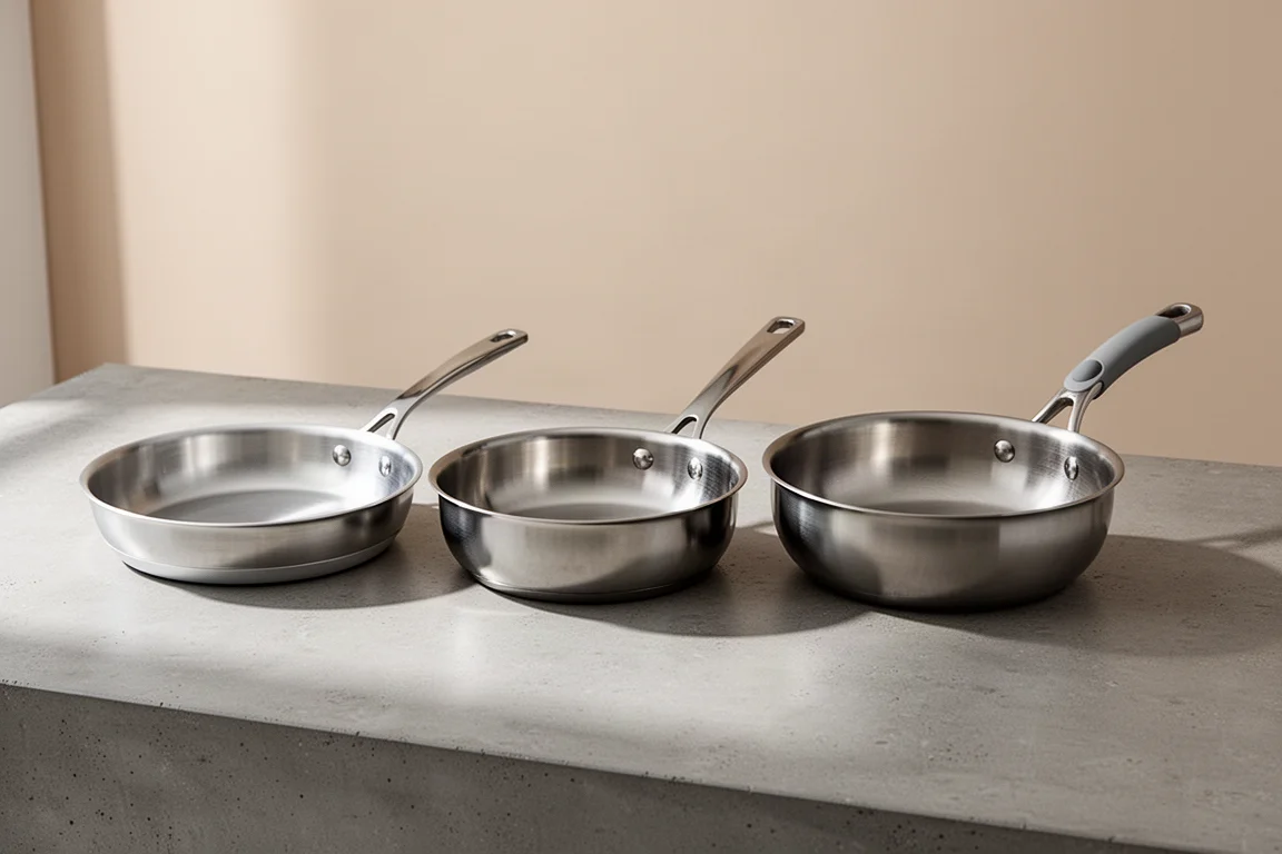 Three IKEA stainless steel frying pans lined up on a concrete kitchen surface