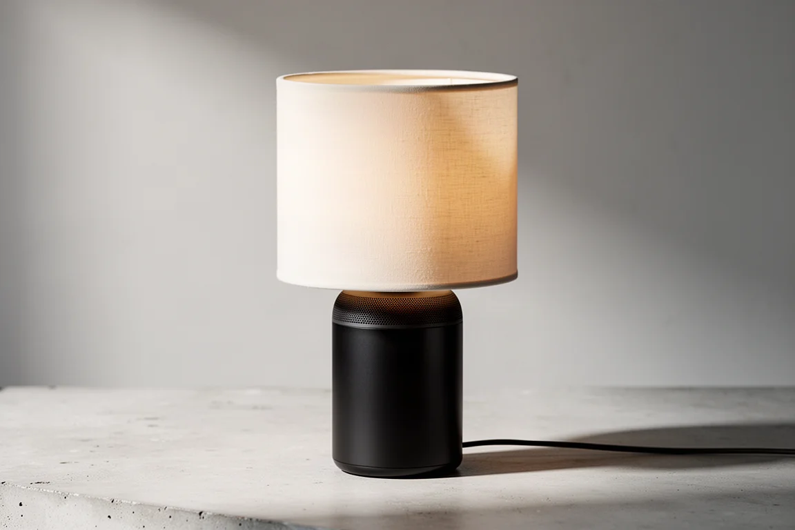 IKEA Symfonisk speaker lamp with off-white fabric shade and matte black base on concrete