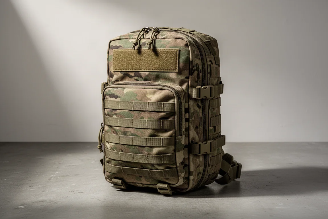 Zaino d'assalto surplus militare in mimetica digitale su una superficie di cemento, vista a tre quarti