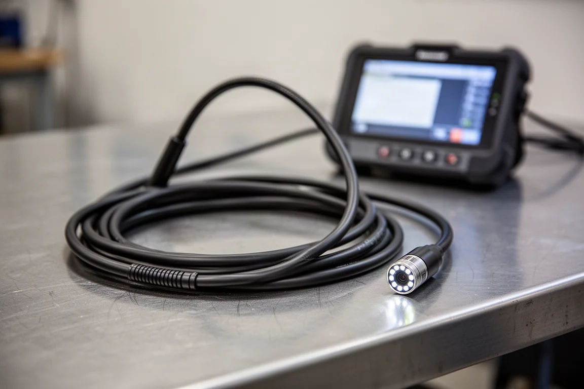 Flexibele inspectiecamerasonde met LED-punt liggend op een werkbank