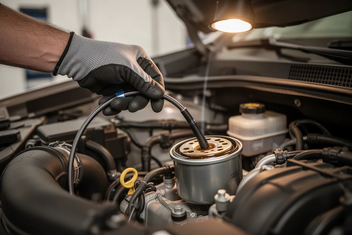 Monteur die aan een motor werkt met krappe, moeilijk zichtbare plekken